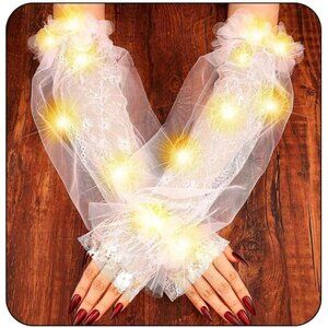 Women's Light Up Led Long Tulle Gloves Elbow Length Arm Sleeves Flower Gloves